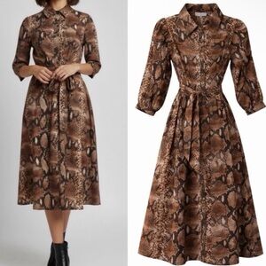 Designer Caroline Constas Tan Snake Print Midi Dress 💯 cotton